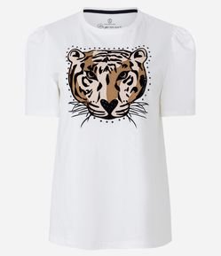 Blusa em Meia Malha com Manga Bufante e Estampa Tigre