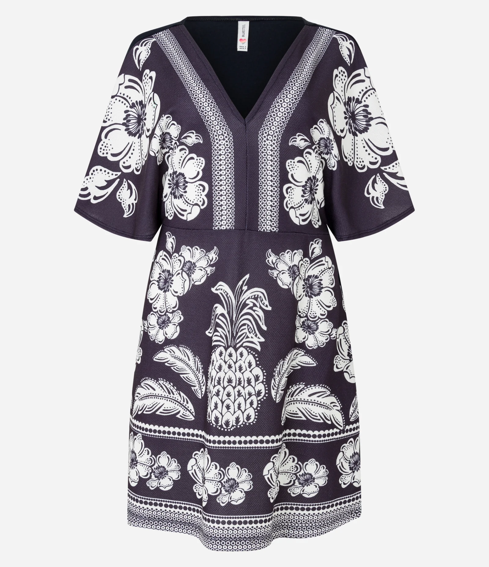 Vestido Curto em Viscose com Decote V e Estampa Tropical Preto 1