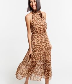 Vestido Longo em Chiffon com Laço na Gola e Estampa Oncinha Corações