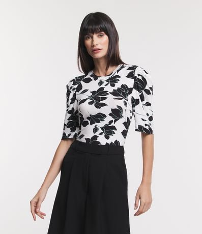Blusa em Viscolycra com Manga Bufante e Estampa Flores Contrastantes Menor preço em Blusa em Viscolycra com Manga Bufante e Estampa Flores Contrastantes