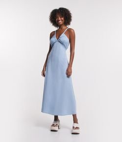 Vestido Midi Jeans com Decote V e Amarração nas Costas
