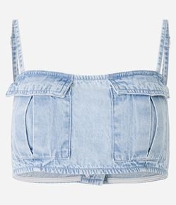 Top em Jeans com Bolsos de Lapela e Alças Finas