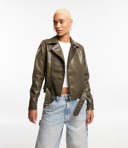 Jaqueta Biker em Pu com Zíper e Cinto com Fivela