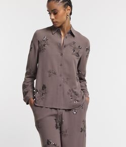 Camisa Manga Longa com Bordado Floral e Paetês