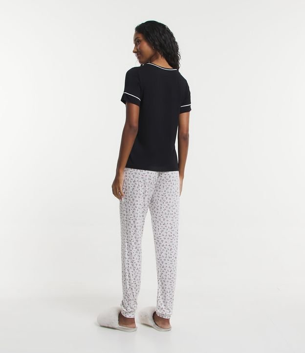 Pijama Longo em Meia Malha com Estampa Floral Preto/Branco 2