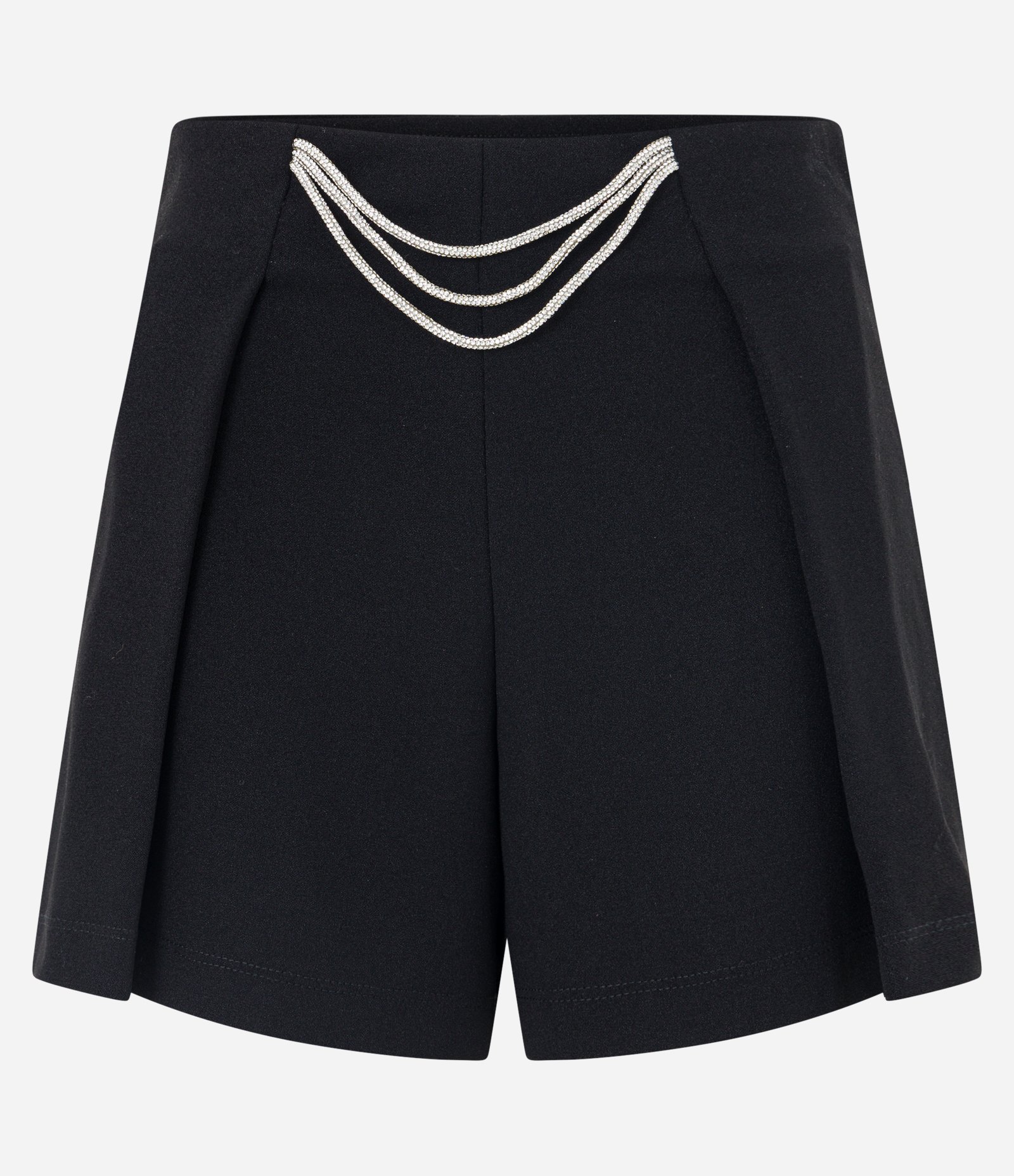 Short Curto em Crepe com Pregas e Detalhe em Cordões de Strass Preto 5