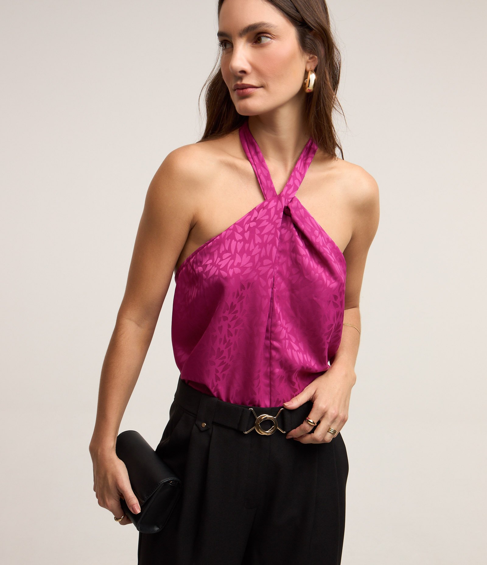 Blusa Frente Única em Jacquard com Amarração no Pescoço