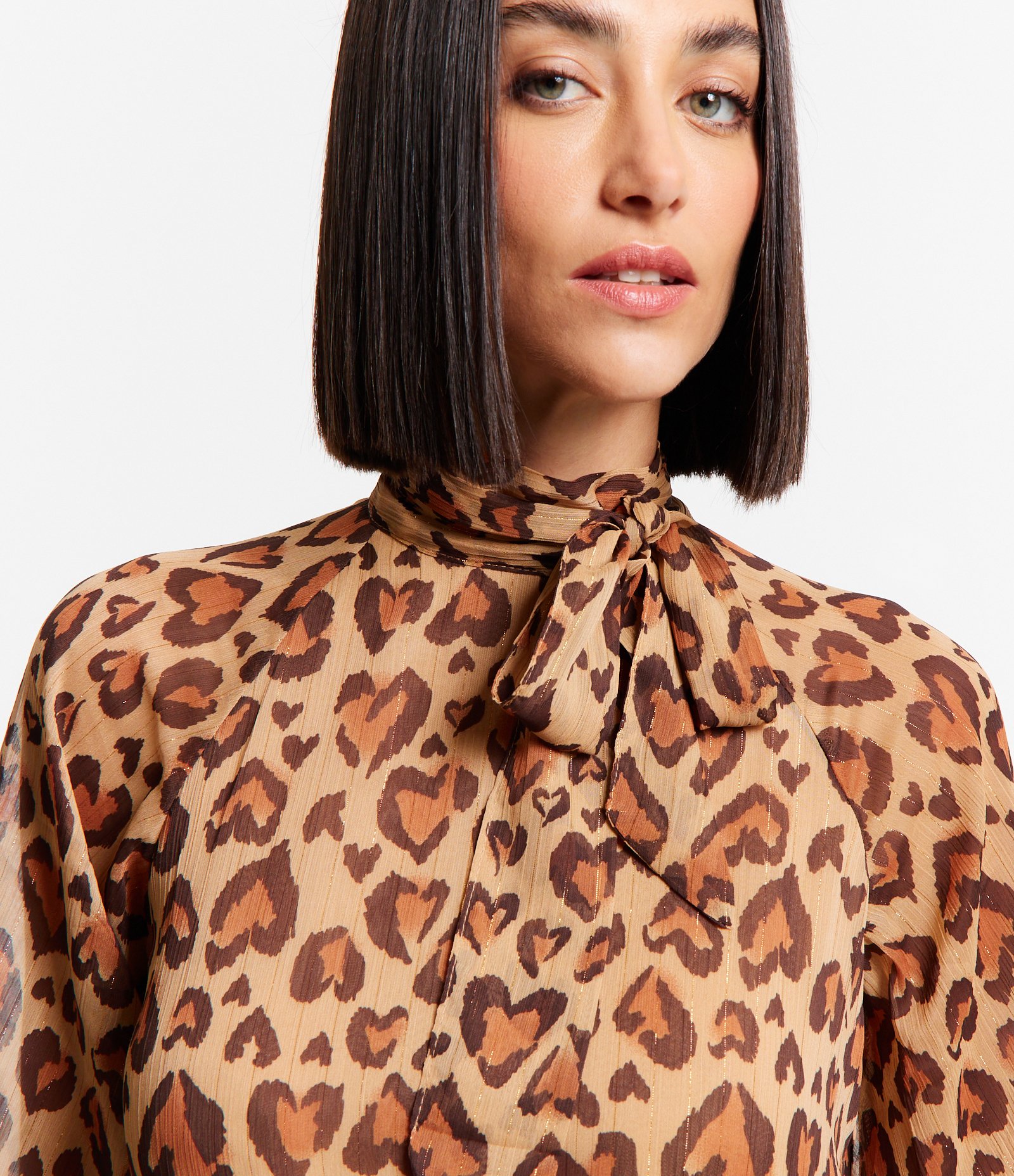 Vestido em Chiffon com Laço na Gola Alta e Estampa Oncinha Corações Marrom 5