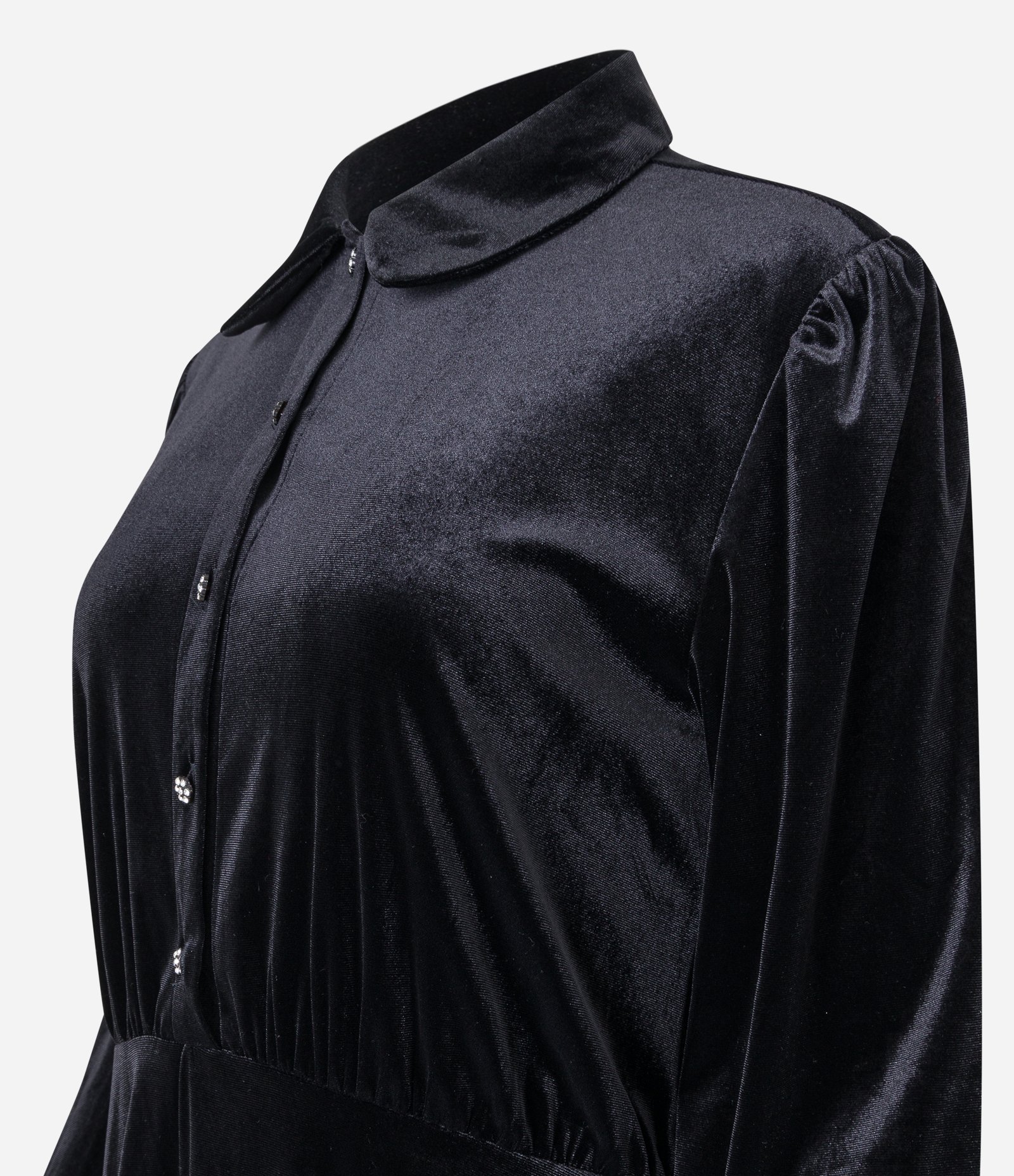 Vestido em Veludo com Gola Lapela e Babados na Barra e Punhos Preto 6