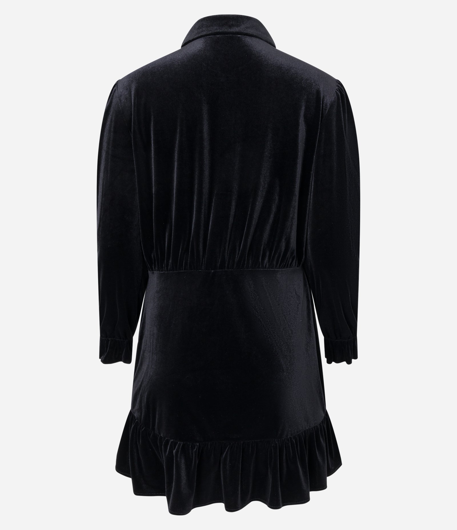 Vestido em Veludo com Gola Lapela e Babados na Barra e Punhos Preto 7