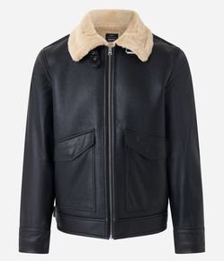 Jaqueta em Pu com Gola de Sherpa e Bolsos