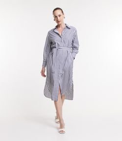 Vestido Midi Chemise Manga Longa em Tricoline Listrado