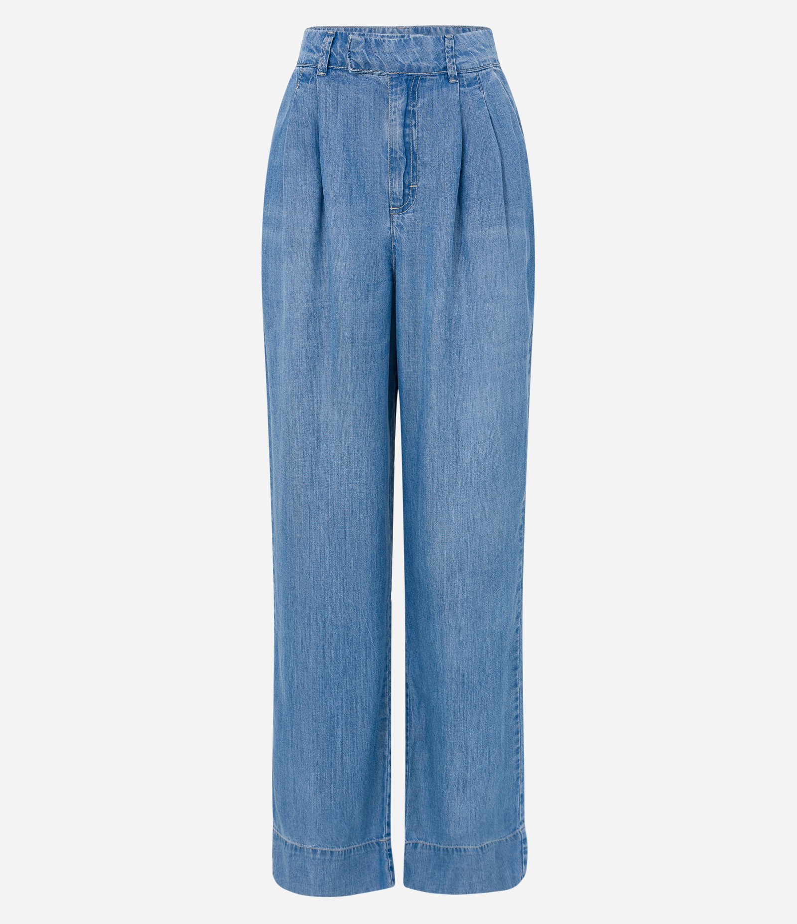 Calça Pantalona em Jeans com Cós Diferenciado e Pregas Azul Médio 6
