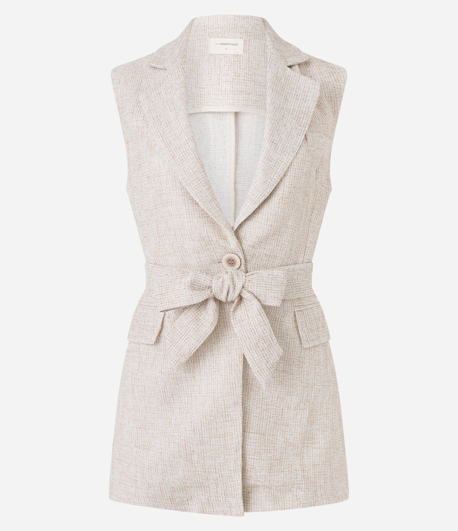 Colete em Tweed com Fechamento de Botões e Amarração Bege 7