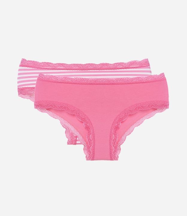 Kit 02 Calcinhas Boyshort em Algodão com Detalhe em Renda e Estampa Listras Rosa 4