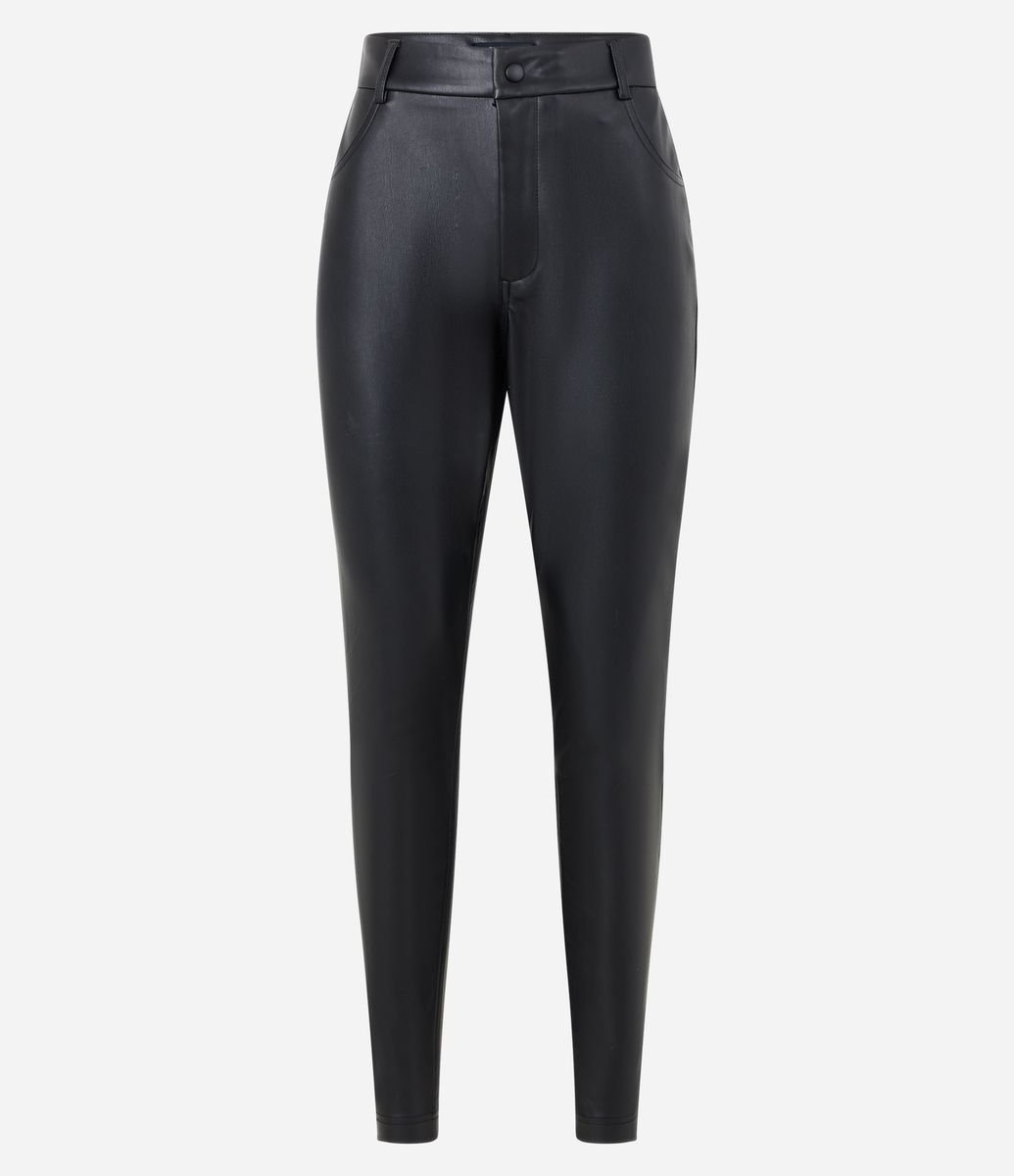 Calça Skinny em Pu com Bolsos Fake Preto