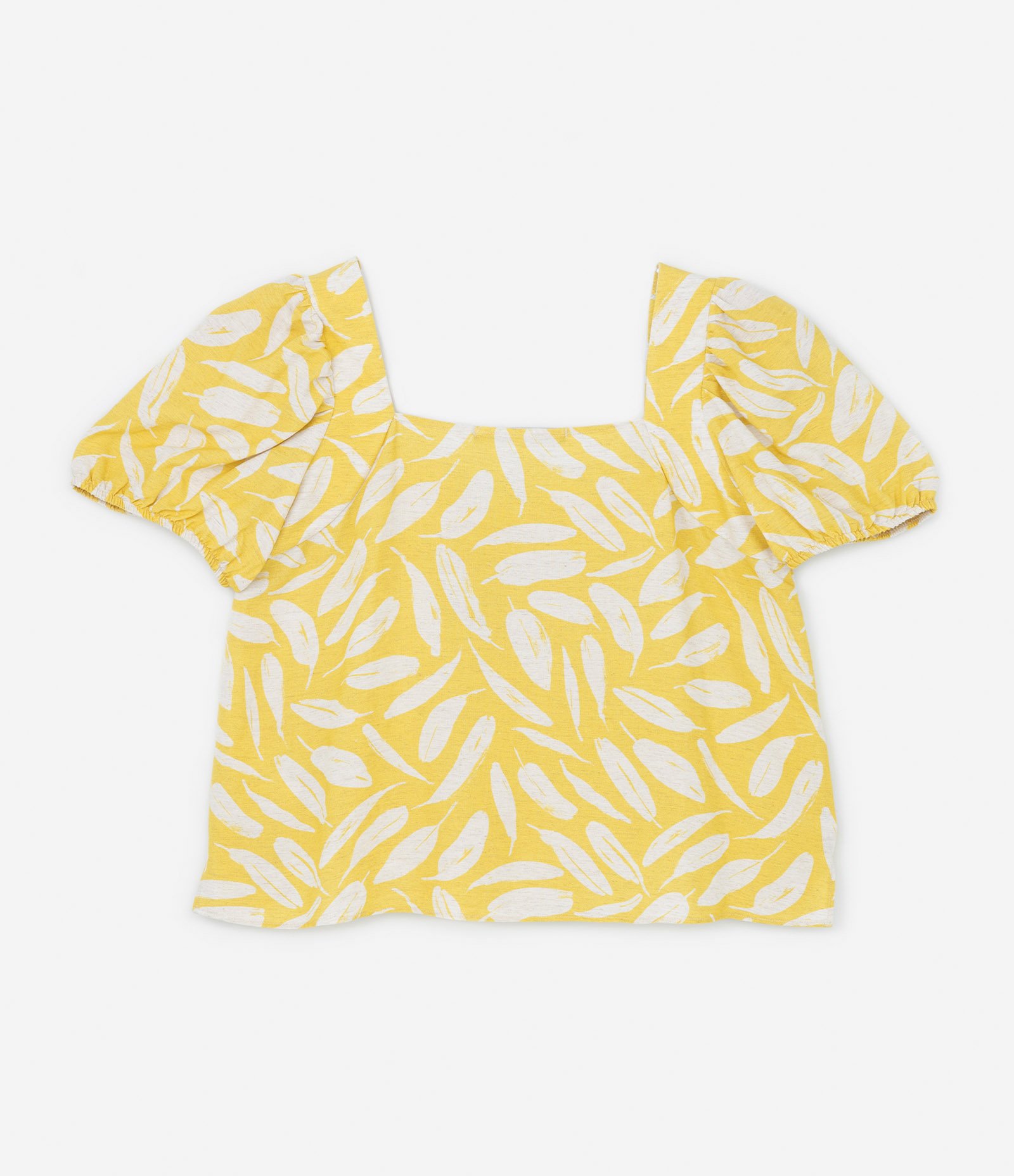 Blusa em Viscolinho com Manga Bufante e Estampa Folhas Curve & Plus Size Amarelo 6
