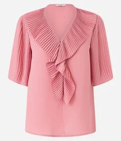 Blusa em Chiffon com Babado Jabô Plissado no Decote