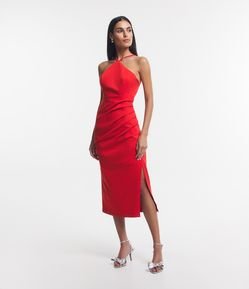 Vestido Midi em Bengaline com Decote Halter e Fenda Lateral