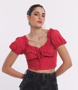 Blusa em Viscose Poá com Manga Bufante e Recorte no Busto