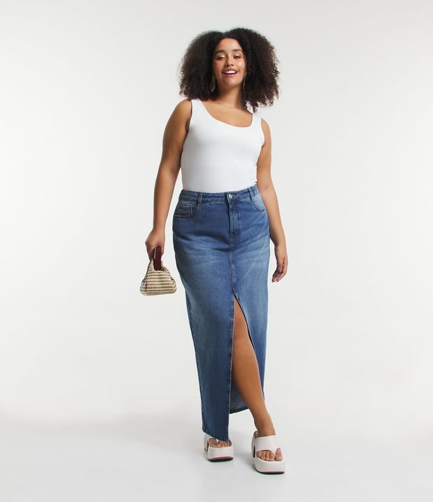 Saia Longa Jeans com Fenda Frontal Curve & Plus Size Azul Médio 1