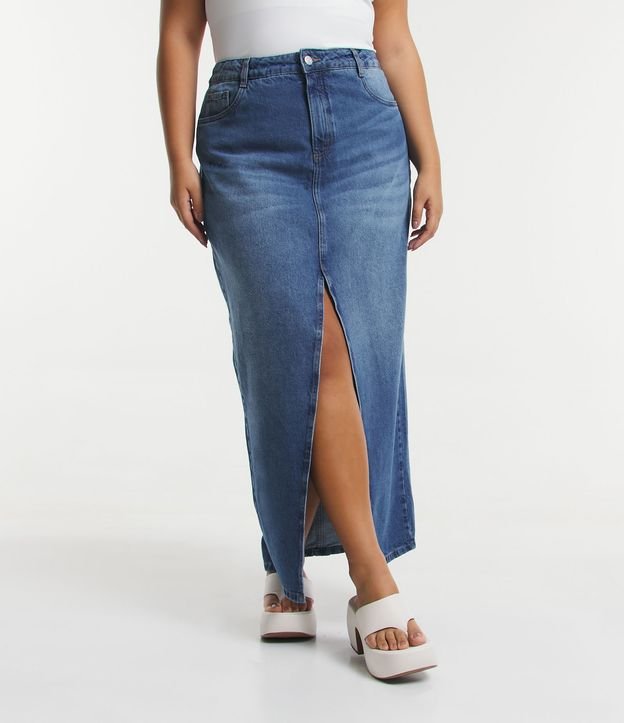 Saia Longa Jeans com Fenda Frontal Curve & Plus Size Azul Médio 2