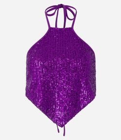 Blusa Cropped em Paetê Metalizado e Gola Halter com Barra Ponta