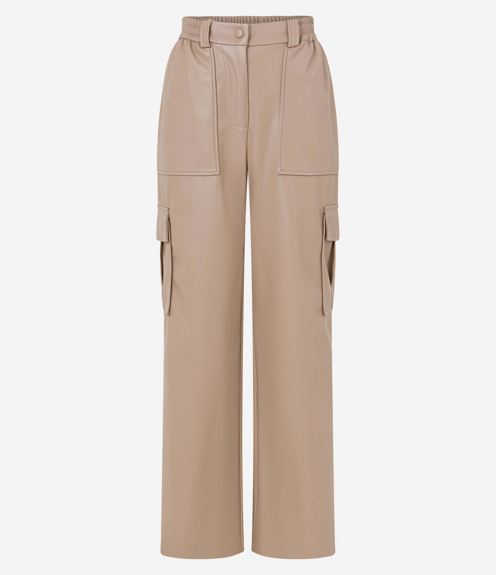 Calça Reta em Material Sintético com Bolsos Laterais Bege 6