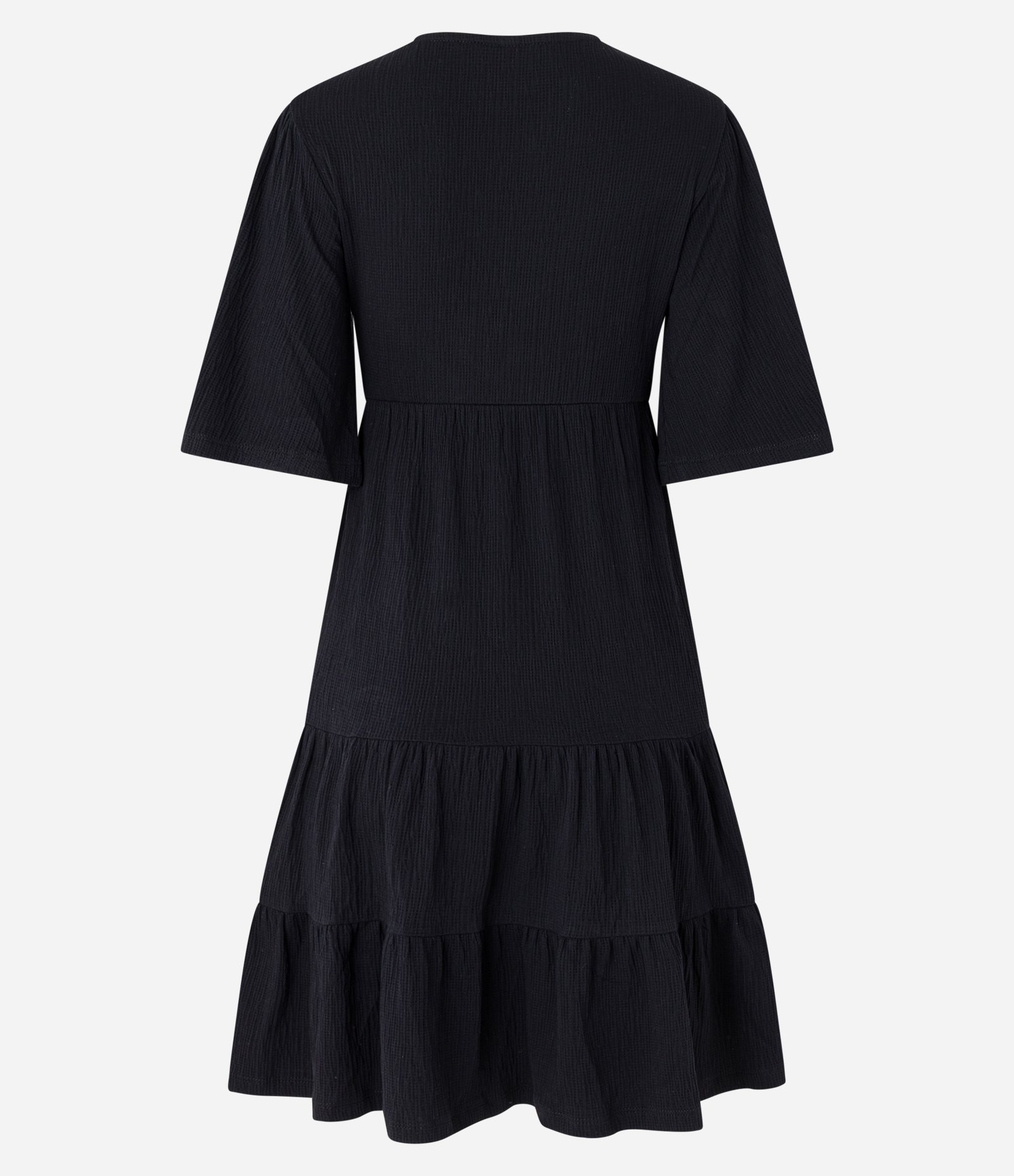 Vestido Curto Texturizado Decote Transpassado e Babado na Barra Preto 3