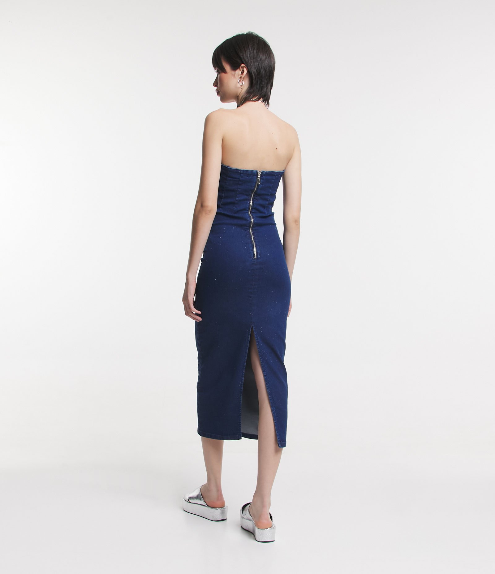 Vestido New Midi Jeans Tomara que Caia e Fenda Azul 2