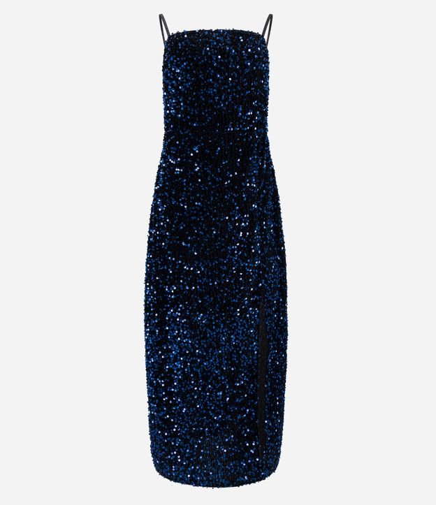 Vestido Midi em Paetê Metalizado com Decote nas Costas e Fenda Azul 6