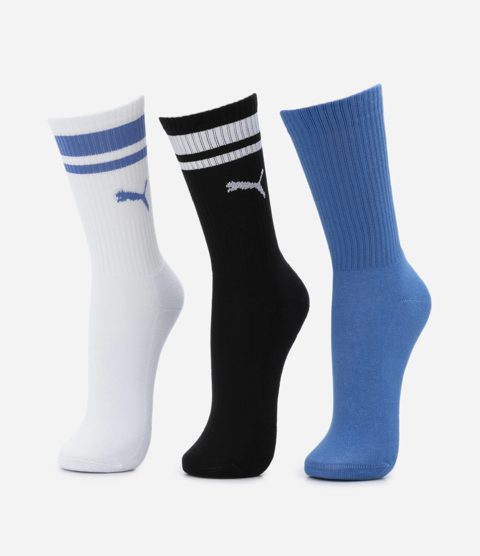 Kit 03 Meias Cano Alto Esportiva em Algodão Puma Azul/ Preto/ Branco 1