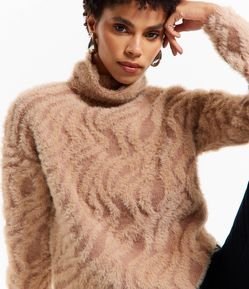 Suéter em Tricô com Gola e Textura Animal Print Zebra com Pelinhos