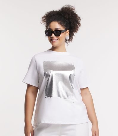 Blusa Manga Curta com Lettering Très Chic Curve & Plus Size Bege