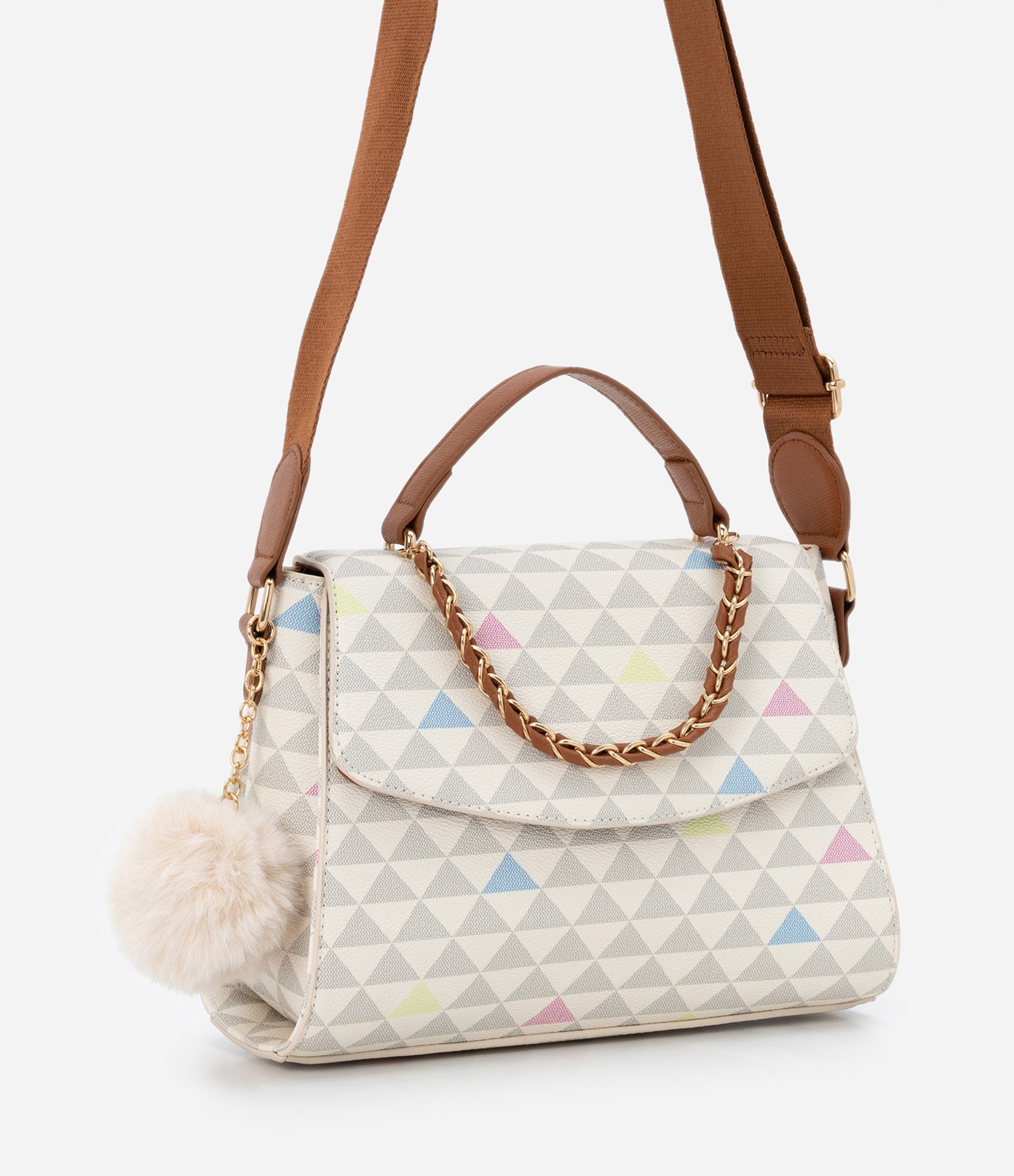 Bolsa Satchel Média com Estampa de Triângulos Detalhe de Corrente e Pompom Off White 2
