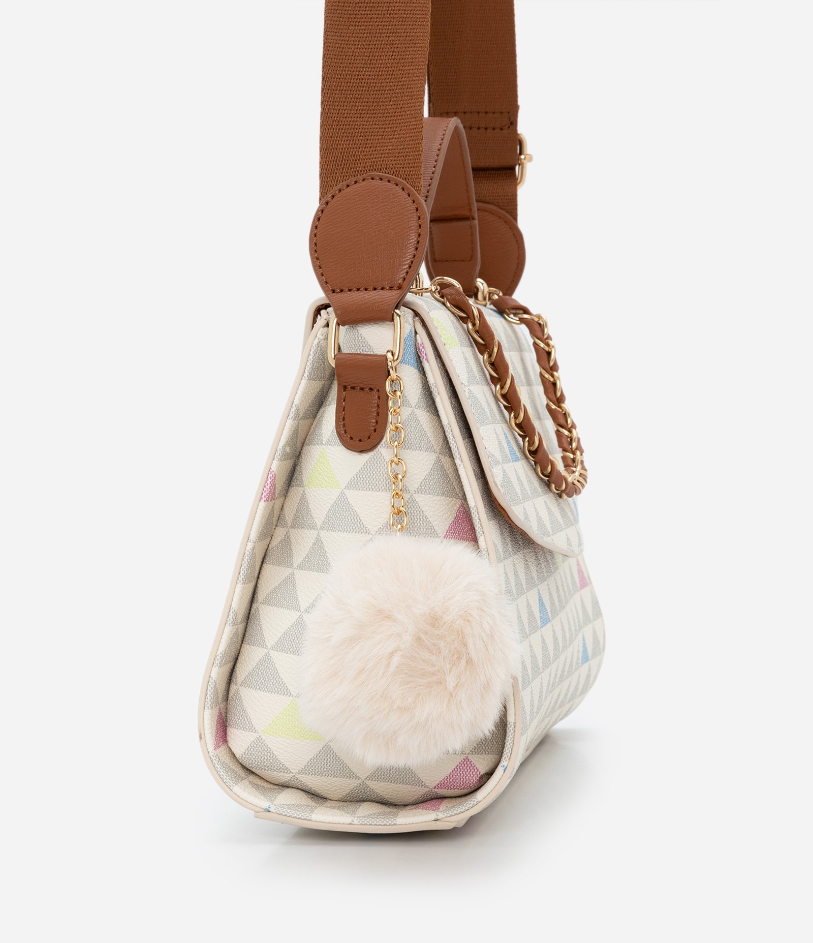 Bolsa Satchel Média com Estampa de Triângulos Detalhe de Corrente e Pompom Off White 3