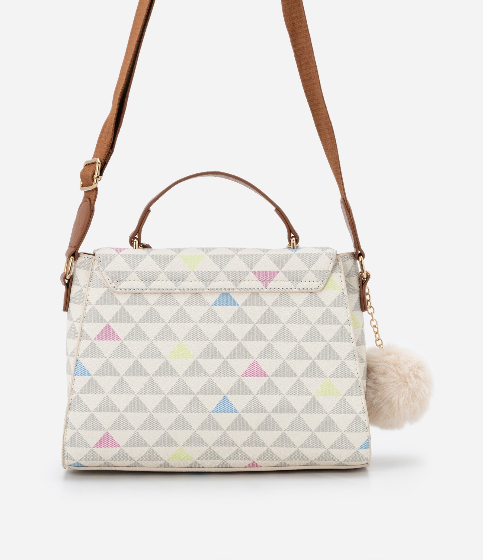 Bolsa Satchel Média com Estampa de Triângulos Detalhe de Corrente e Pompom Off White 4