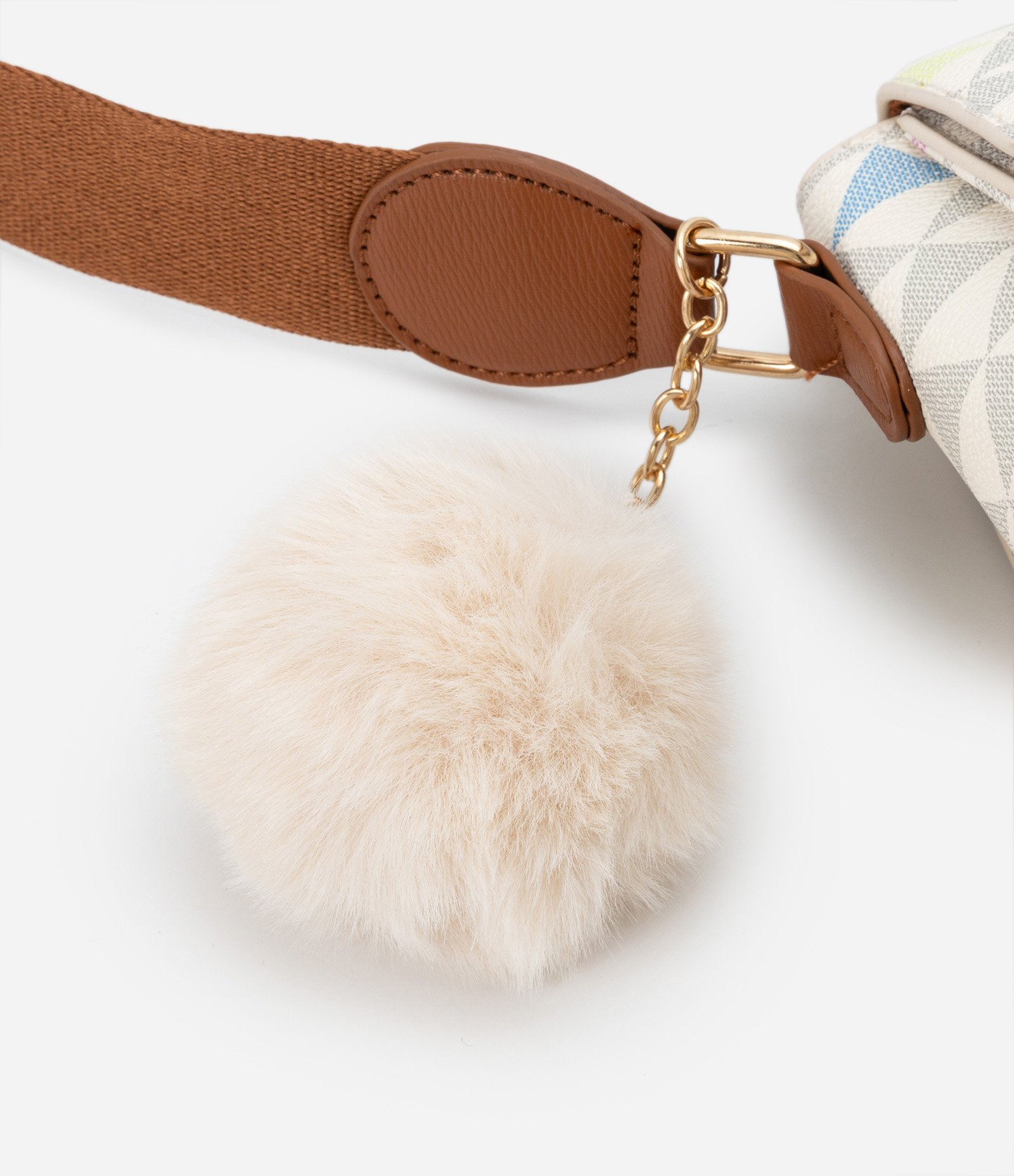 Bolsa Satchel Média com Estampa de Triângulos Detalhe de Corrente e Pompom Off White 5
