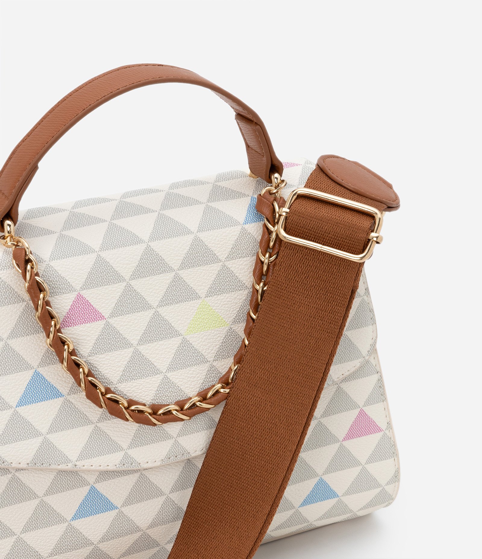 Bolsa Satchel Média com Estampa de Triângulos Detalhe de Corrente e Pompom Off White 6