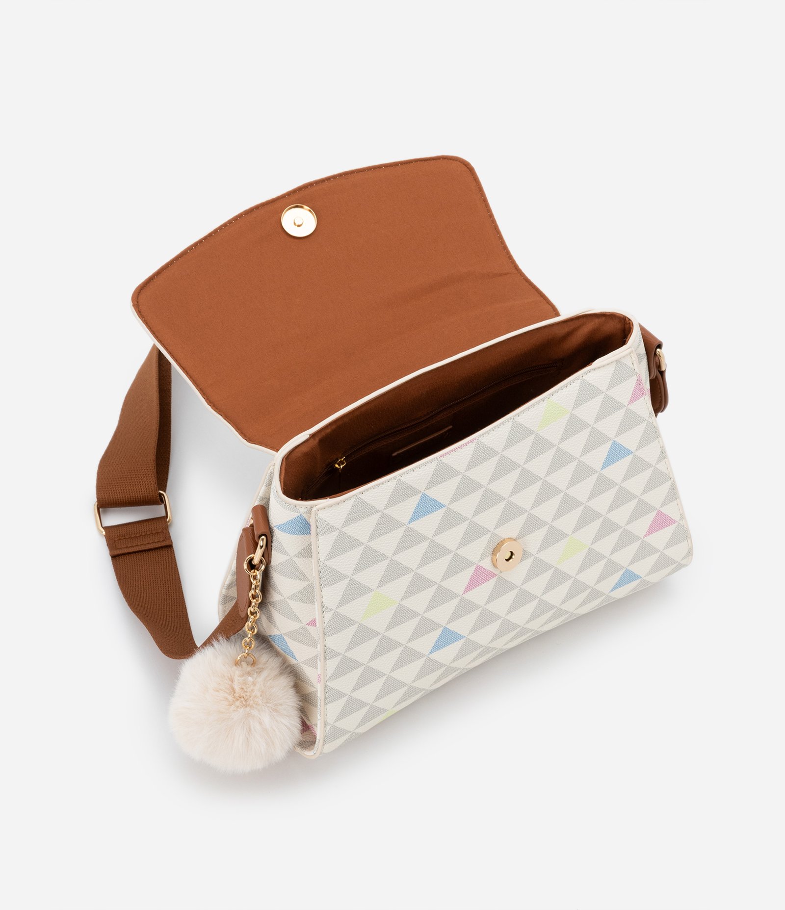 Bolsa Satchel Média com Estampa de Triângulos Detalhe de Corrente e Pompom Off White 7