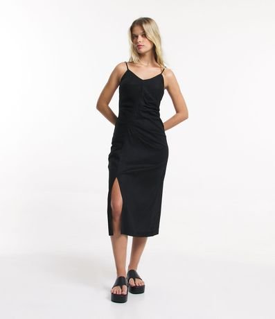 Vestido New Midi em Linho com Drapeados e Fenda Frontal Menor preço em Vestido New Midi em Linho com Drapeados e Fenda Frontal