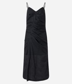 Vestido New Midi em Linho e Algodão com Drapeados e Fenda Frontal