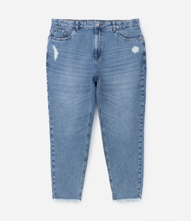 Calça Mom em Jeans Marmorizado e Barra de Franjinha Curve & Plus Size Azul Jeans 6