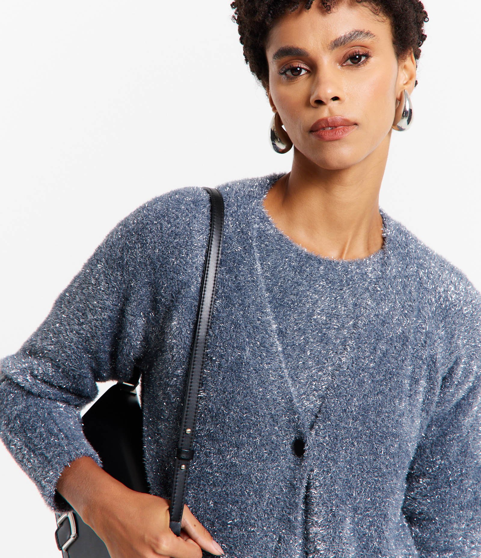 Cardigan em Tricô com Pelinhos e Fio Metalizado Cinza 1