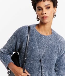 Cardigan em Tricô com Pelinhos e Fio Metalizado