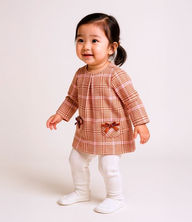 Vestido Infantil com Estampa Pied Poule e Meia-Calça - Tam 0 a 18 meses