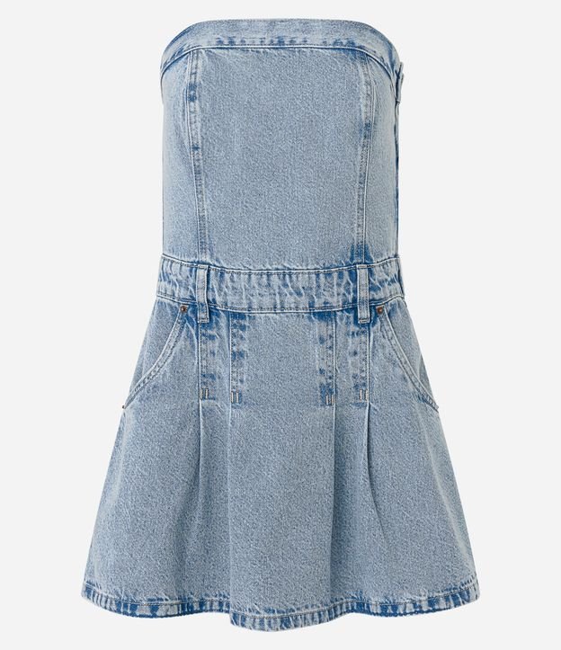 Vestido Curto em Jeans com Pregas com Decote Tomara que Caia