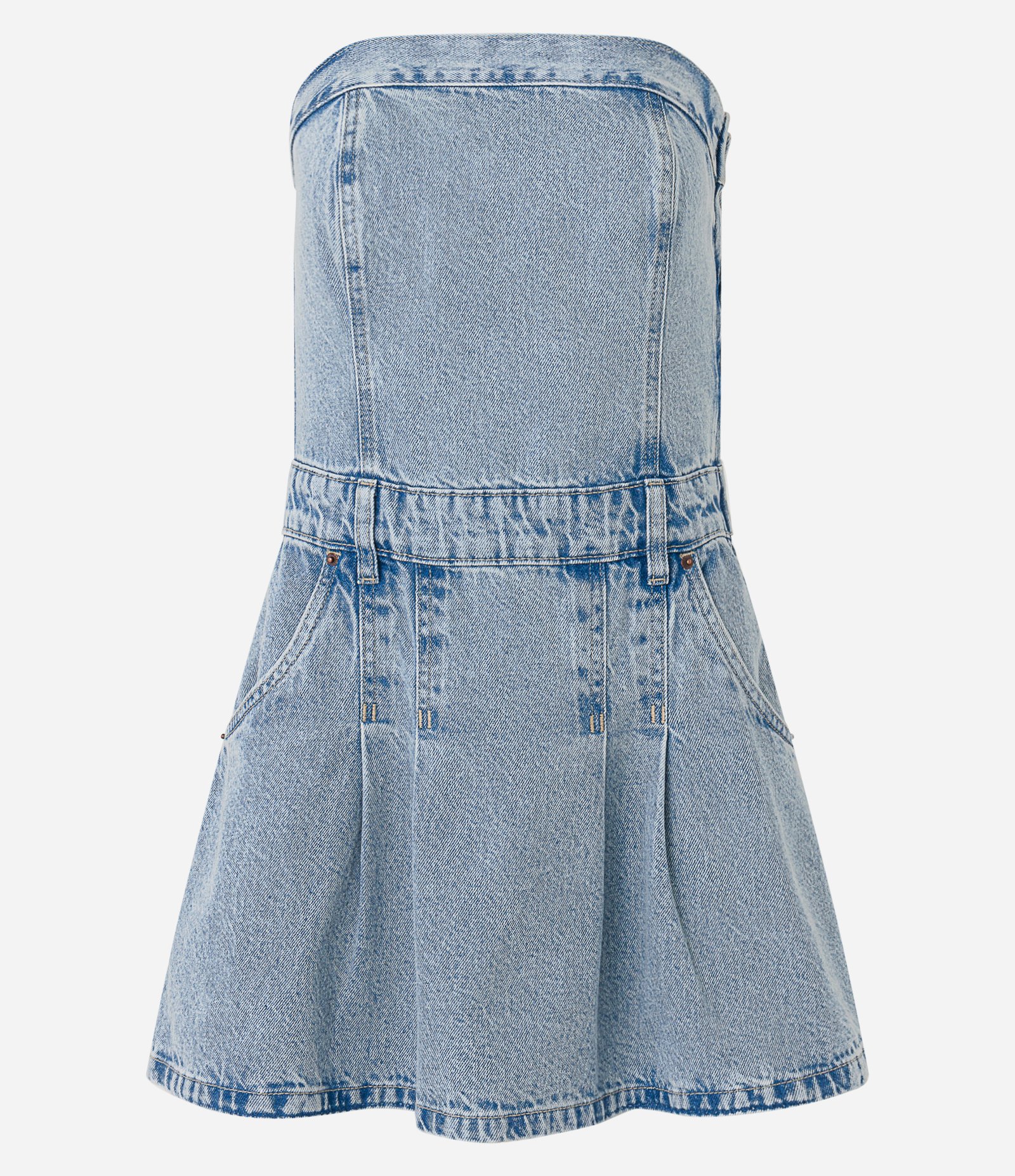 Vestido Curto em Jeans com Pregas com Decote Tomara que Caia Azul