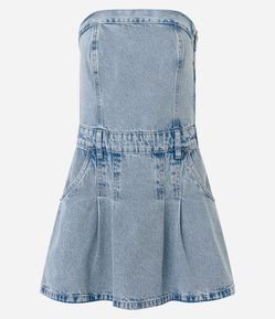 Vestido Curto em Jeans com Pregas com Decote Tomara que Caia