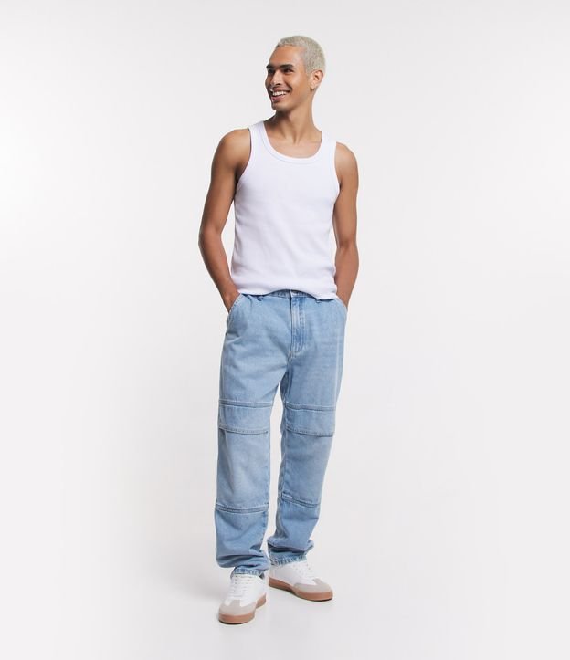Calça Loose Reta em Jeans com Bolso no Joelho Azul 1